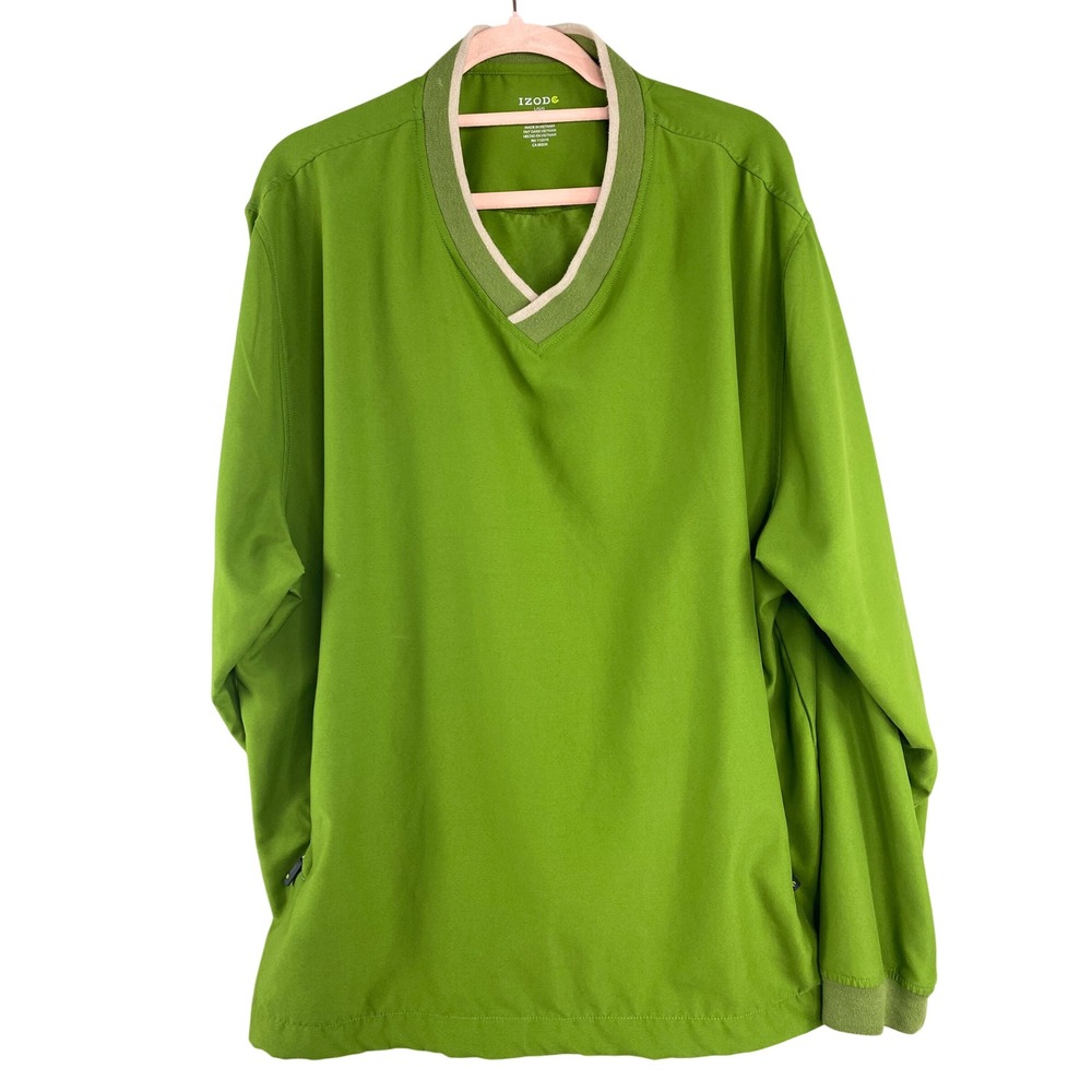 IZOD Mens Golf Windshirt Large Green V-Neck Long Sleeve Pullover Lightweight